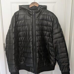 DKNY Black Faux Leather Puffer Stadium Jacket w/ Hood - XL